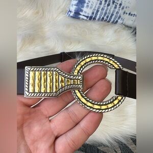 CHICO'S Additions  Adjustable Brown Leather Belt  Fancy Gold  Buckle  M / L